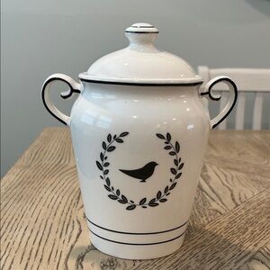 White Ceramic Canister with Black Bird Design